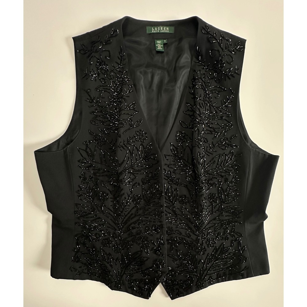Lauren Ralph Lauren Beaded Floral Evening Vest Black Cotton 16 Formal Party READ